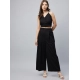 Women's Cotton Linen Solid Sleeveless Crop Top and Palazzo Set (Black)