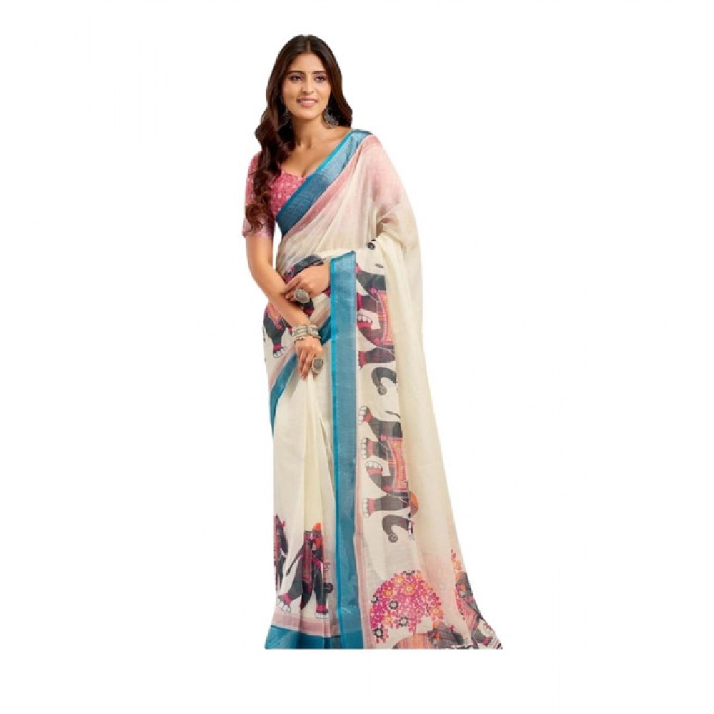 Women's Linen Cotton Printed Ready To Wear Saree With Unstitched Blouse 5.5 Mtr (Cream)