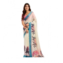 Women's Linen Cotton Printed Ready To Wear Saree With Unstitched Blouse 5.5 Mtr (Cream)