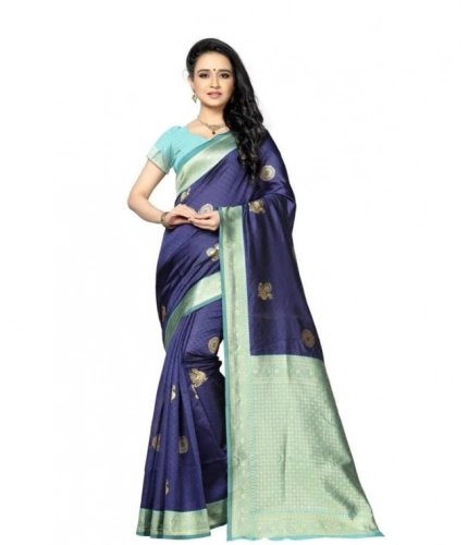 Women's Soft Lichi Silk Printed Saree With Unstitched Blouse 5.5Mtr (Navy Blue)
