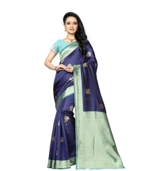 Women's Soft Lichi Silk Printed Saree With Unstitched Blouse 5.5Mtr (Navy Blue)