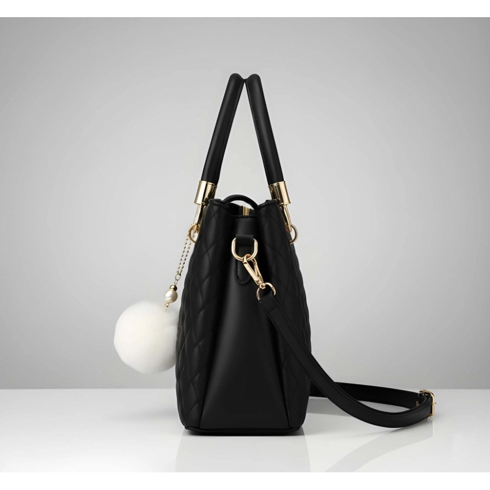 Women's PU Leather Solid Shoulder Zipper Handbag (Black)