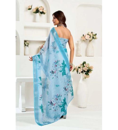 Women's Linen Cotton Printed Ready To Wear Saree With Unstitched Blouse 5.5 Mtr (Sky_Blue)