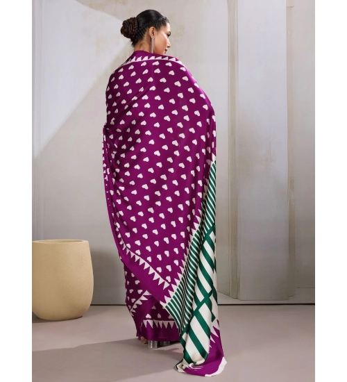 Women's Satin Crepe Printed Saree With Unstitched Blouse 5.5Mtr (Purple)
