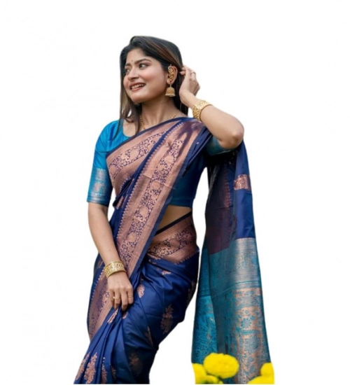 Women's Katan_Silk Zari_Weaving Saree With Unstitched Blouse 5.5Mtr (Navy_Blue)