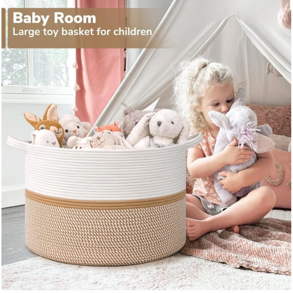 Cotton Dori 16x14 Inch Storage Basket For Clothes (White-Beige White)