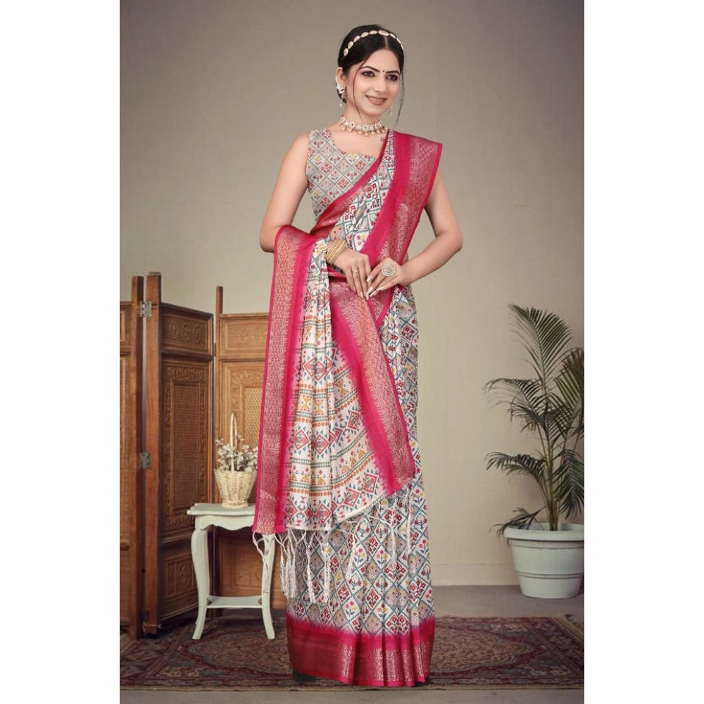 Women's Cotton Silk  Printed Saree With Unstitched Blouse 5.5Mtr (Pink)