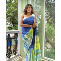 Women's Linen Printed Saree With Unstitched Blouse 5.5Mtr (Blue)