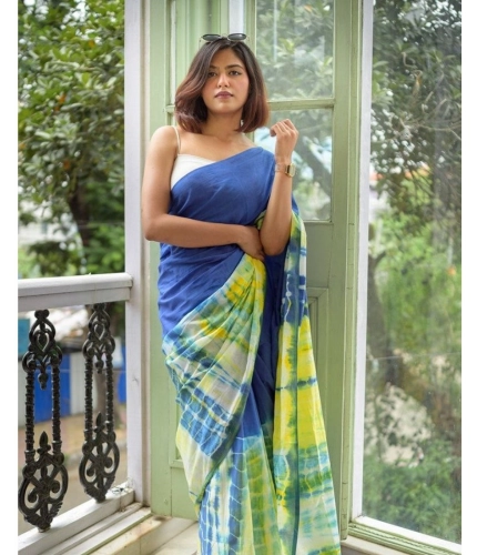 Women's Linen Printed Saree With Unstitched Blouse 5.5Mtr (Blue)