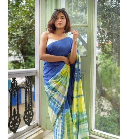 Women's Linen Printed Saree With Unstitched Blouse 5.5Mtr (Blue)