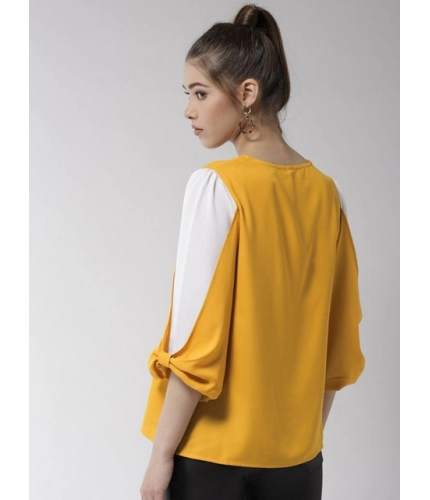 Women's Polyester Colour Block Slit Sleeve Top (Yellow-White)
