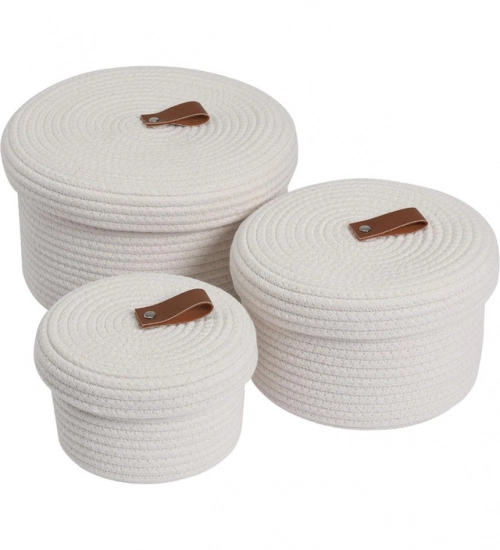 Cotton 3 Pcs Set Roti Box Storage Basket With Lid (White)