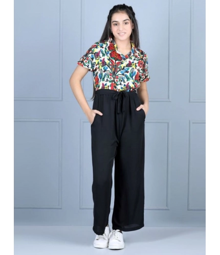 Girl's Polyester Printed Short Sleeves Jumpsuit (Multicolor-Black)