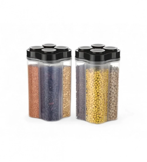 Plastic 2-Pcs Set, 4 Section Container Jar For Grocery (Multicolor)