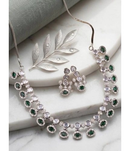 Women's Brass Silver Plated Necklace set (Green)