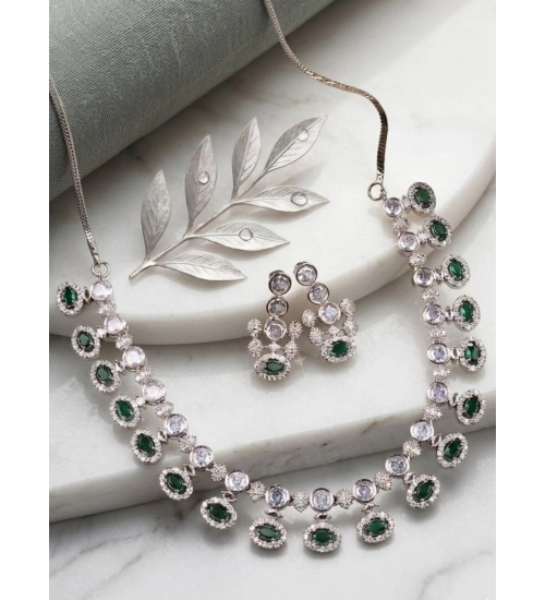 Women's Brass Silver Plated Necklace set (Green)