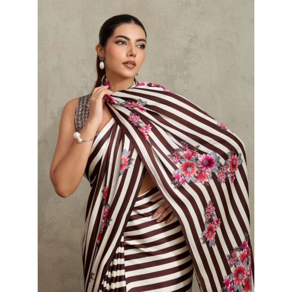 Women's Satin Crepe Printed Saree With Unstitched Blouse 5.5Mtr (Brown)