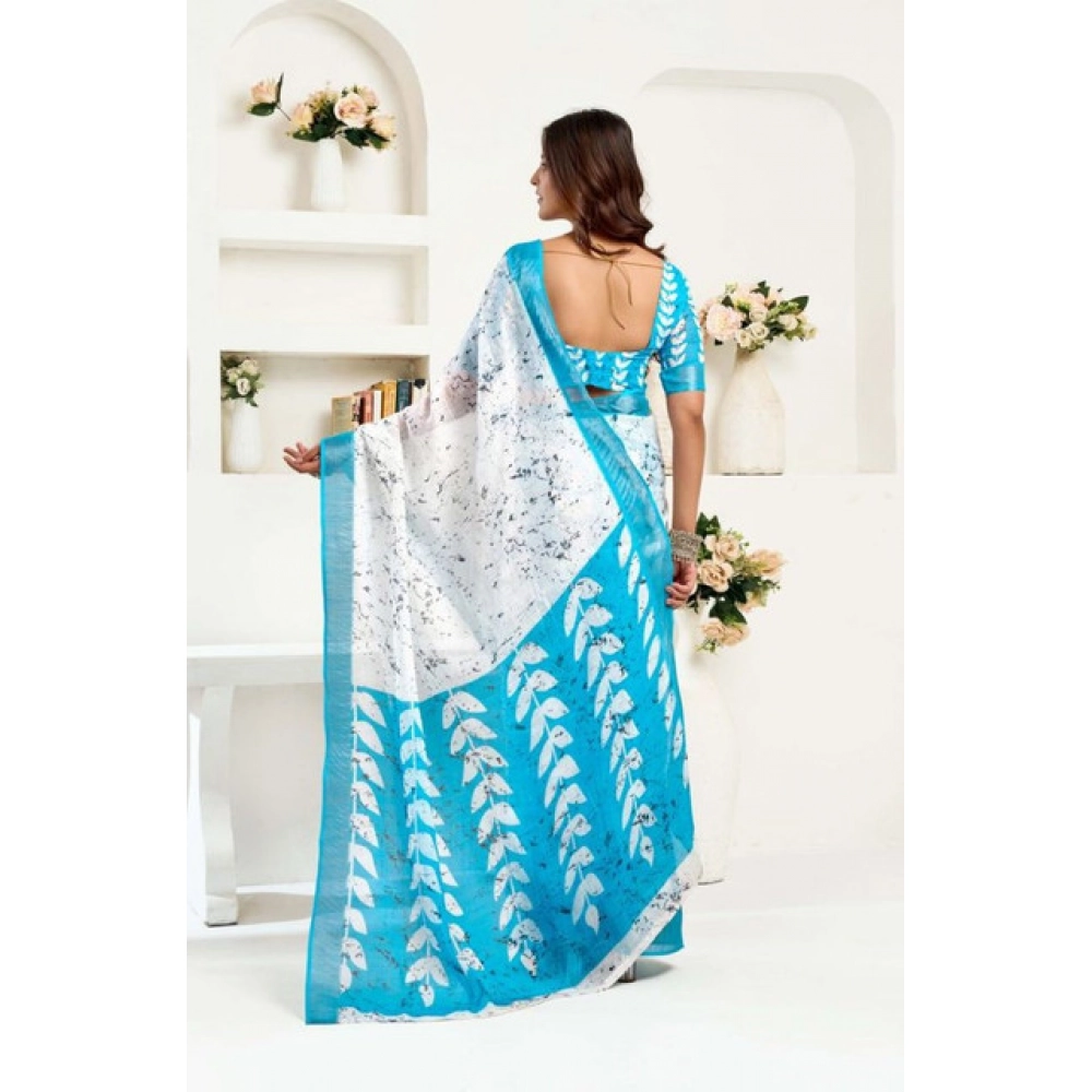 Women's Faux Linen Leaf Print Ready to wear Saree With Unstitched Blouse 5.5Mtr (SkyBlue & White) Women's Faux Linen Leaf Print Ready to wear Saree With Unstitched Blouse 5.5Mtr (SkyBlue & White)