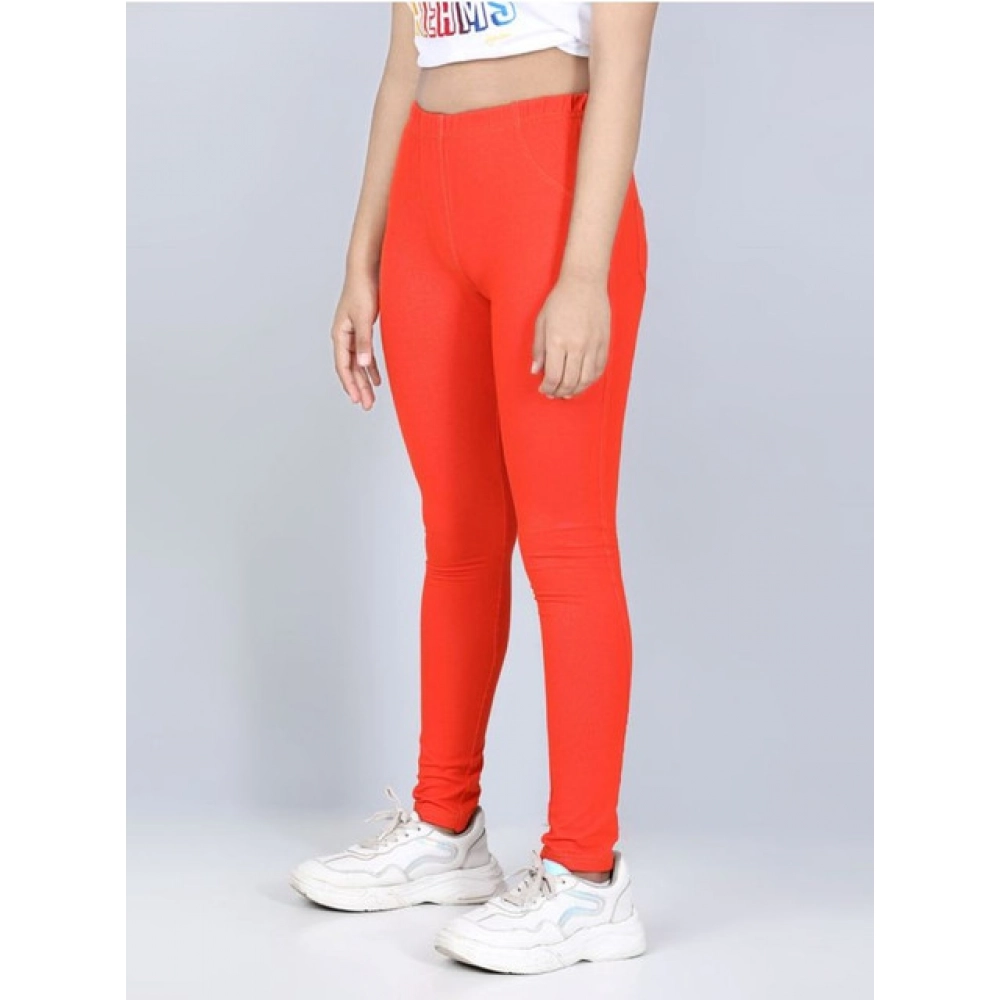 Girl's Cotton Lycra Solid Elasticated Jeggings (Orange) Girl's Cotton Lycra Solid Elasticated Jeggings (Orange)