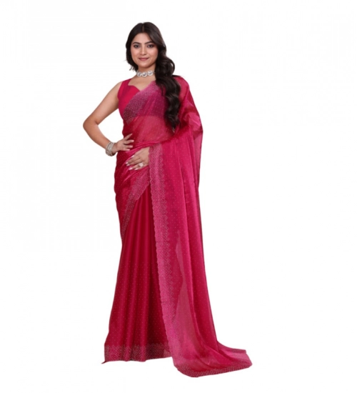 Women's Jimmy choo Embellished Bollywood Saree With Unstitched Blouse 5.5Mtr (Red)