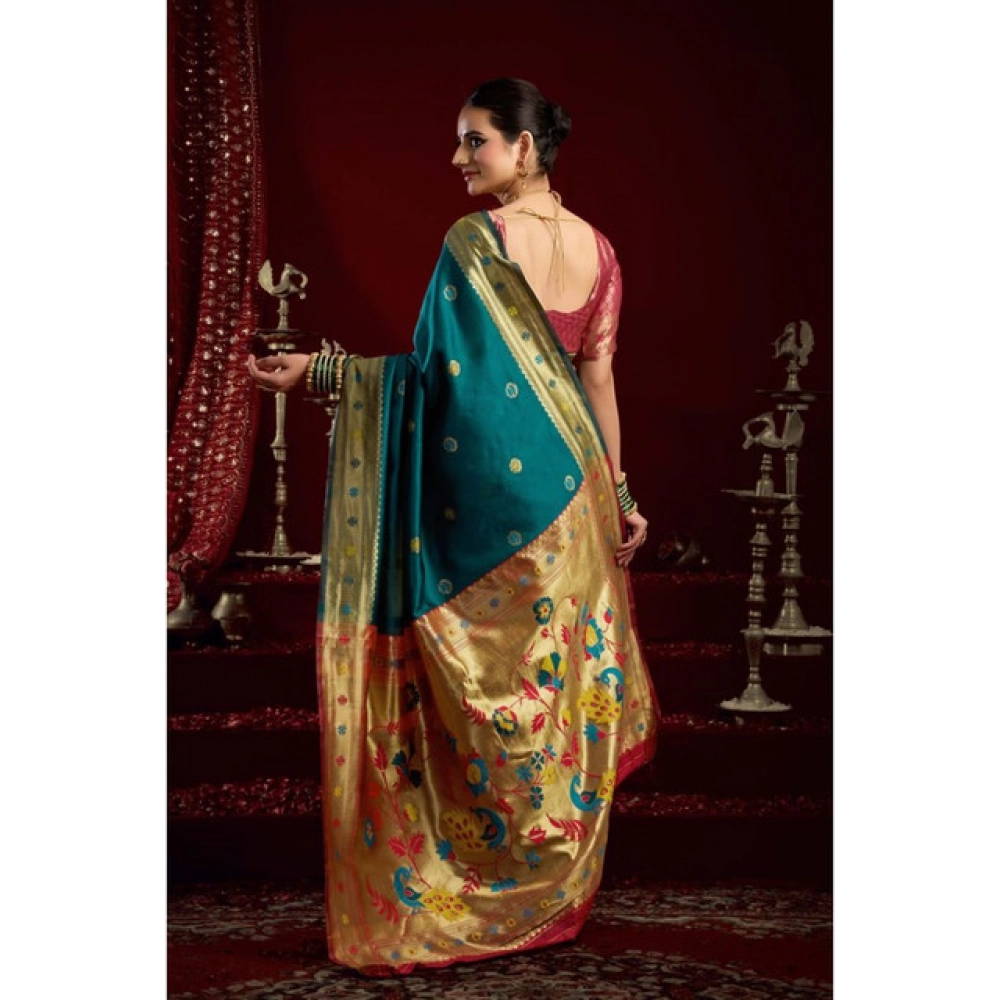 Women's Silk Blend Woven Saree With Unstitched Blouse 5.5 Mtr (Teal)