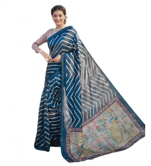 Women's Faux_Tussar_Silk Geometric_Print Saree With Unstitched Blouse 5.5Mtr (Blue) Women's Faux_Tussar_Silk Geometric_Print Saree With Unstitched Blouse 5.5Mtr (Blue)