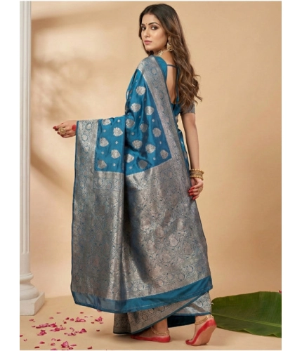 Women's Silk Blend Printed Saree With Unstitched Blouse 5.5Mtr (Teal Blue)