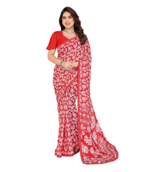 Women's Georgette Printed Saree With Unstitched Blouse 5.5Mtr (Red)