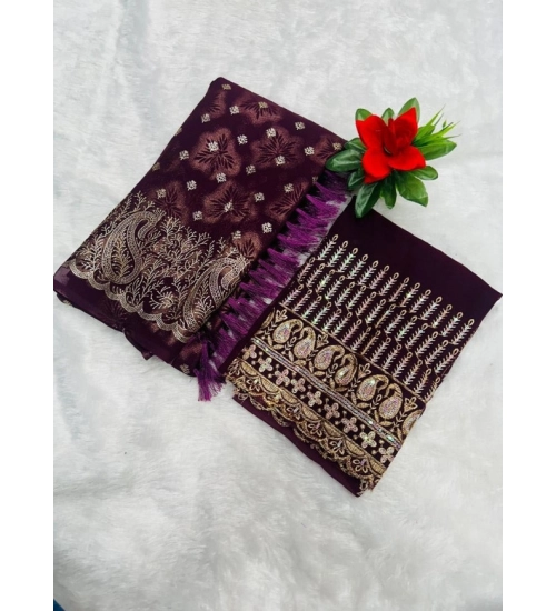 Women's Embroidered Georgette Saree With Unstitched Blouse (Magenta, 5-6 Mtrs)