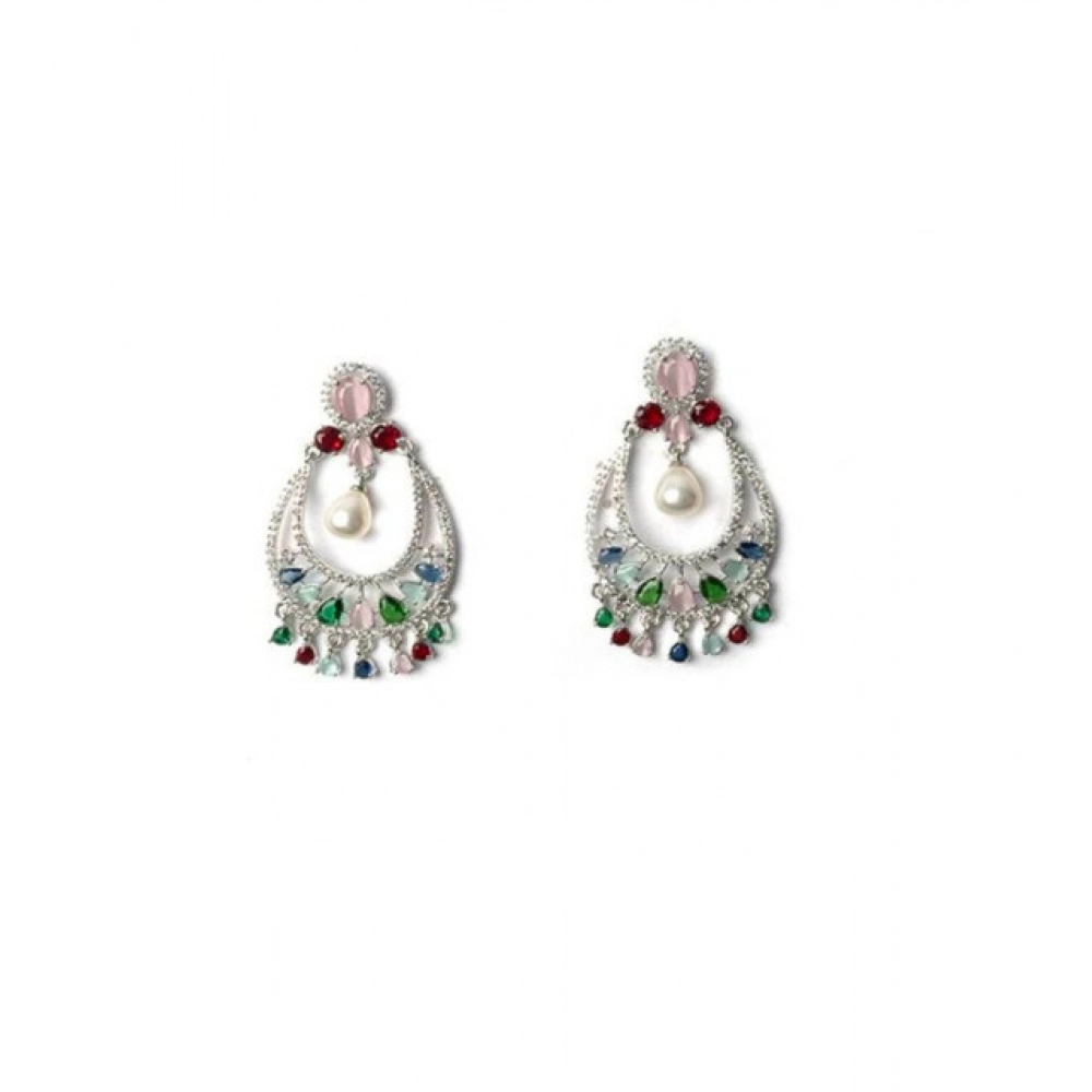 Women's Brass Silver Plated Chandbali Earrings (Multicolor) Women's Brass Silver Plated Chandbali Earrings (Multicolor)
