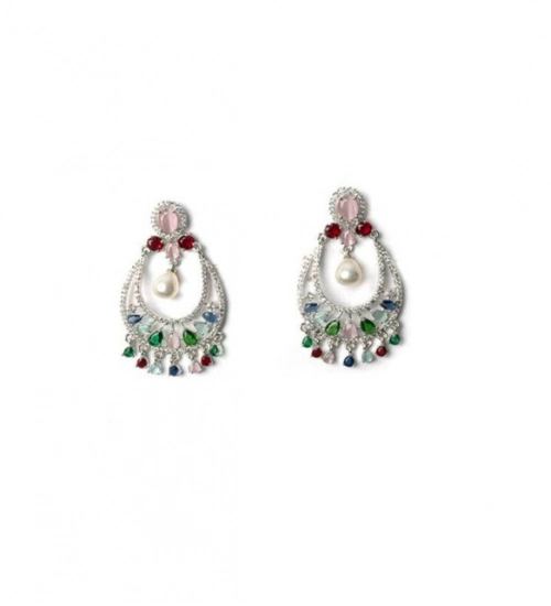 Women's Brass Silver Plated Chandbali Earrings (Multicolor)