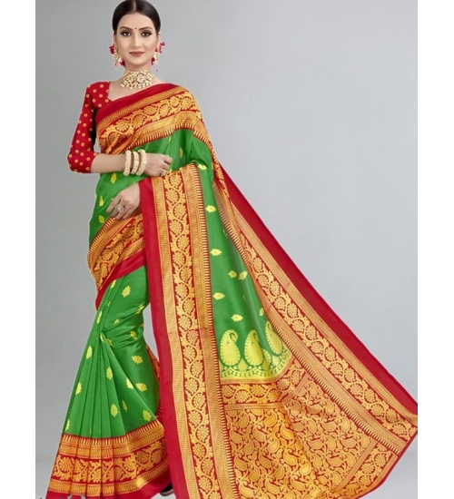 Women's Litchi silk Printed Saree With Unstitched Blouse  5-6 Mtrs (Green)