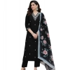 Women's Chanderi Silk Ethnic Motif V-Neck 3/4th Sleeve Kurti With Pant Dupatta Set (Black)
