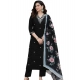 Women's Chanderi Silk Ethnic Motif V-Neck 3/4th Sleeve Kurti With Pant Dupatta Set (Black)