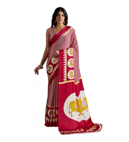 Women's Satin Crepe Printed Saree With Unstitched Blouse 5.5Mtr (Red)