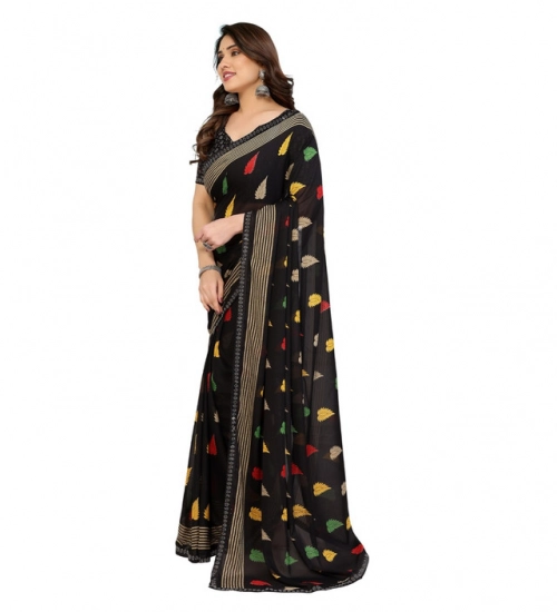 Women's Georgette Printed Saree With Unstitched Blouse 5.5Mtr (Black)
