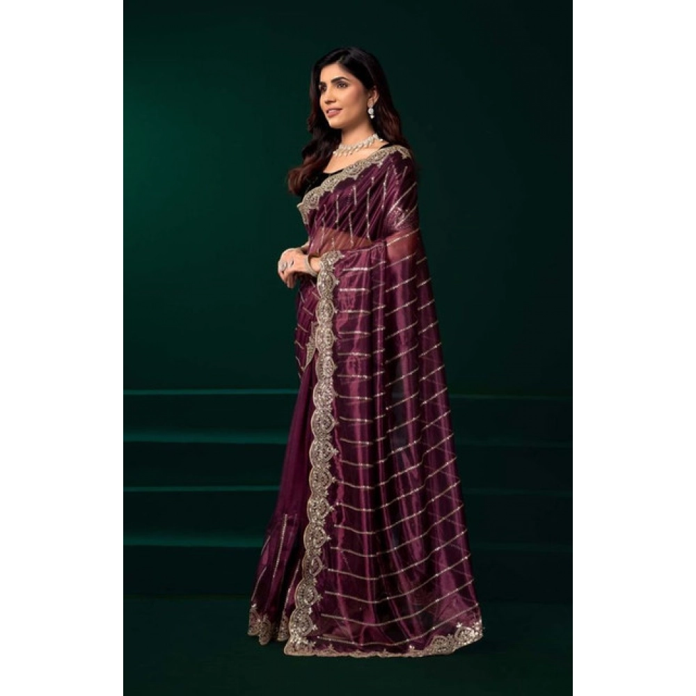Women's Net Sequence Saree With Unstitched Blouse 5.5Mtr (Maroon) Women's Net Sequence Saree With Unstitched Blouse 5.5Mtr (Maroon)