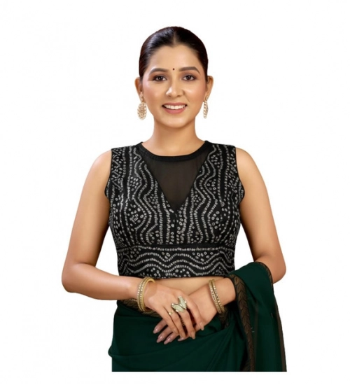 Women's Rayon Cotton Bandhani Printed Halter Neck Non Padded Blouse (Black 38 Ready (Alterable up to 42)