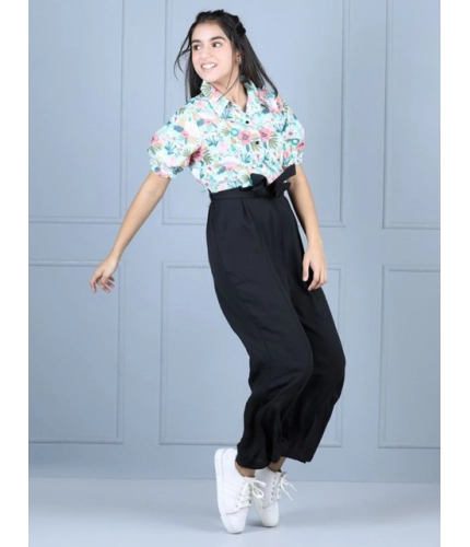 Girl's Polyester Floral Short Sleeves Jumpsuit (Green-Black)