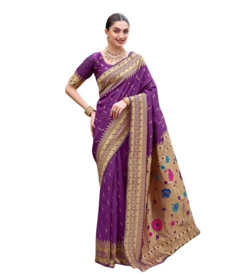 Women's Silk Blend Zari Woven Saree With Unstitched Blouse 5.5Mtr (Purple)