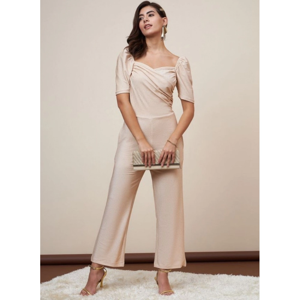 Women's Polyester Shimmer Self Design Short Sleeve Jumpsuit (Gold)