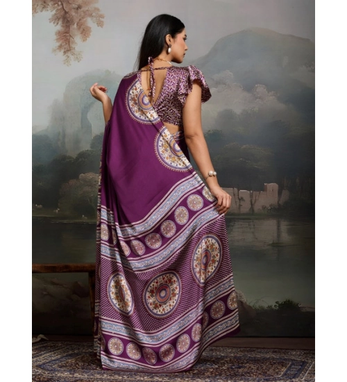 Women's Satin Crepe Printed Saree With Unstitched Blouse 5.5Mtr (Purple)