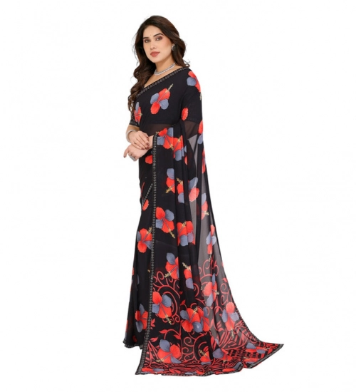 Women's Georgette Printed Saree With Unstitched Blouse 5.5Mtr (Black)