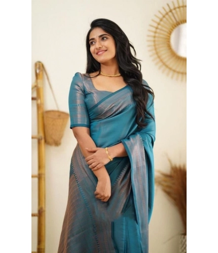 Women's Litchi silk Printed Saree With Unstitched Blouse (Rama Blue) Women's Litchi silk Printed Saree With Unstitched Blouse (Rama Blue)