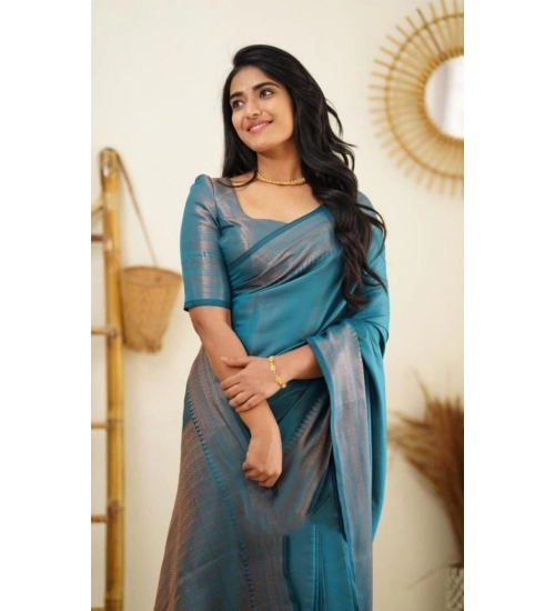 Women's Litchi silk Printed Saree With Unstitched Blouse (Rama Blue)