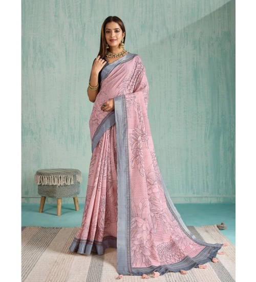 Women's Silk Blend Printed Saree With Unstitched Blouse 5.5Mtr (Pink)