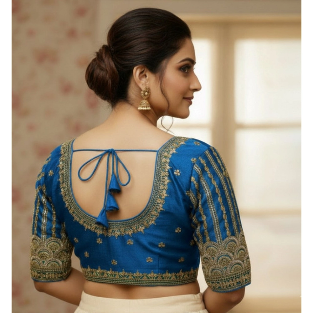 Women's Phantom Silk Embroidered Designer Neck Padded Blouse (Blue 38 Ready (Alterable up to 42)