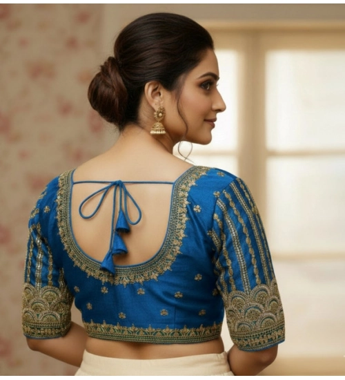 Women's Phantom Silk Embroidered Designer Neck Padded Blouse (Blue 38 Ready (Alterable up to 42)
