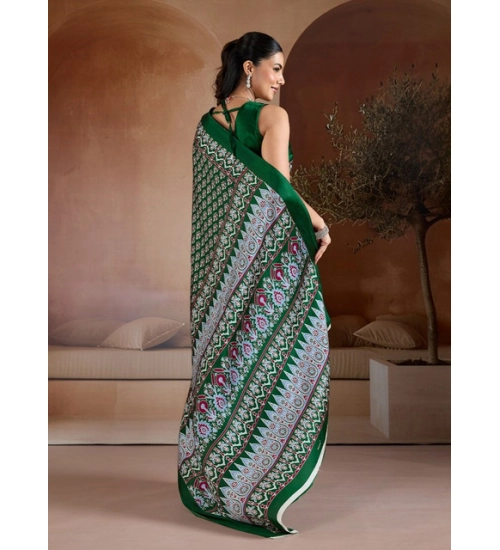 Women's Satin Crepe Printed Saree With Unstitched Blouse 5.5Mtr (Green)