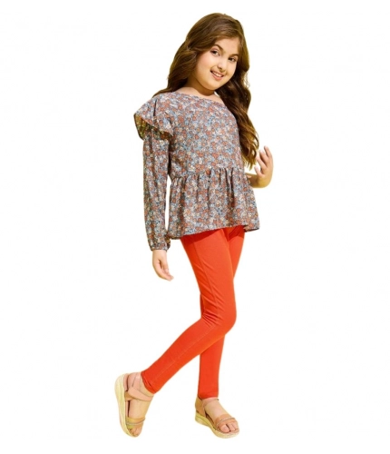Girl's Polyester Floral One Shoulder Jeggings Set (Grey-Orange)